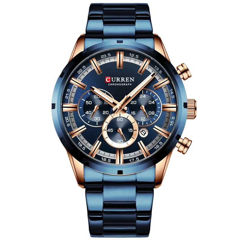 Relógio masculino blue dial em quartzo com pulseira em aço