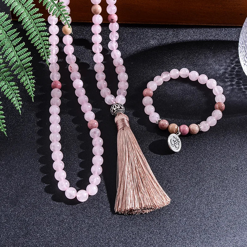 Kit zenza japamala e pulseira  em quartzo rosa rodolita