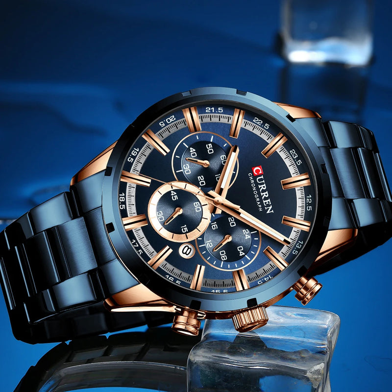 Relógio masculino blue dial em quartzo com pulseira em aço