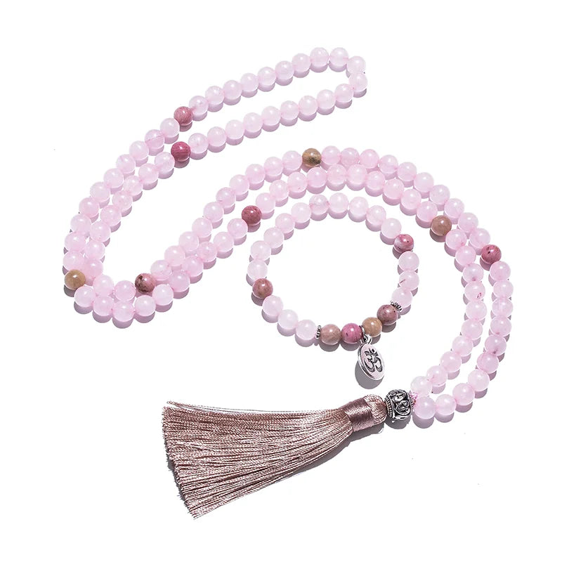 Kit zenza japamala e pulseira  em quartzo rosa rodolita