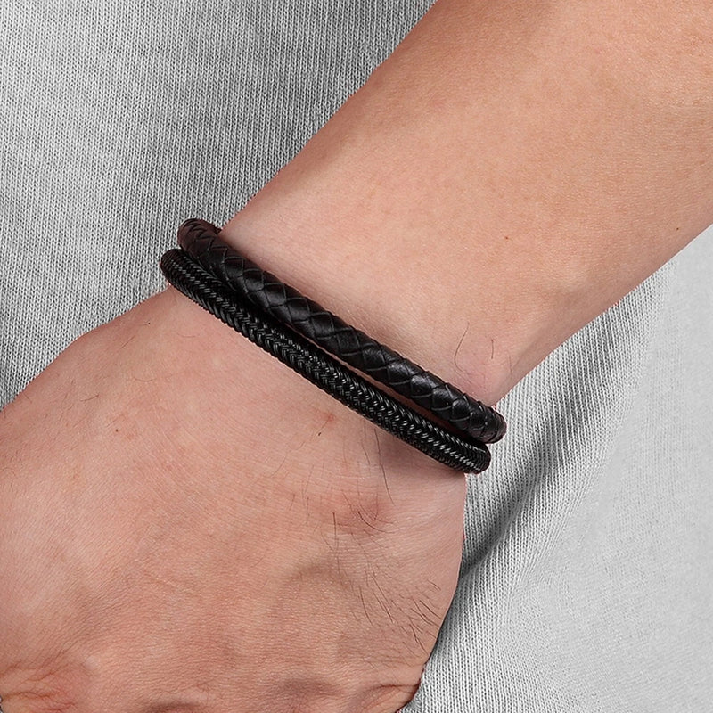 Pulseira masculina leather em couro e aço com fecho magnético