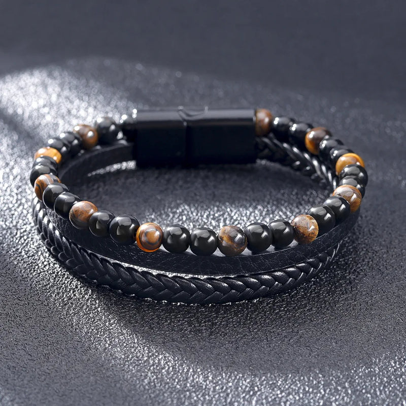 Pulseira masculina tiger eye em couro e pedras naturas com fecho magnético