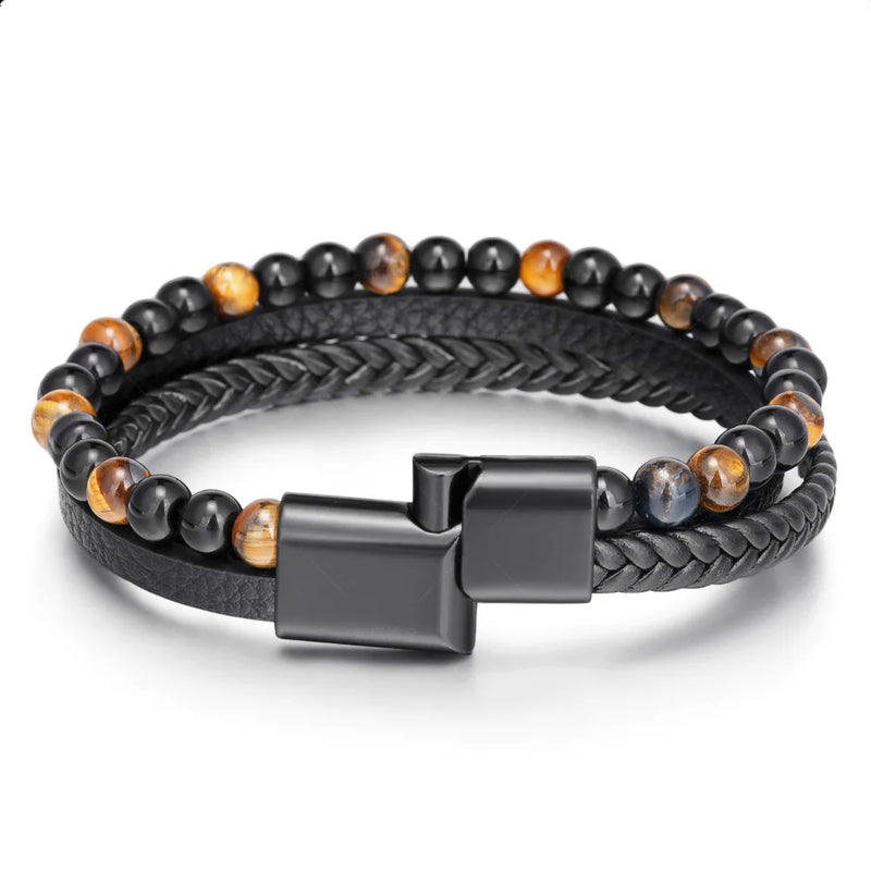 Pulseira masculina tiger eye em couro e pedras naturas com fecho magnético