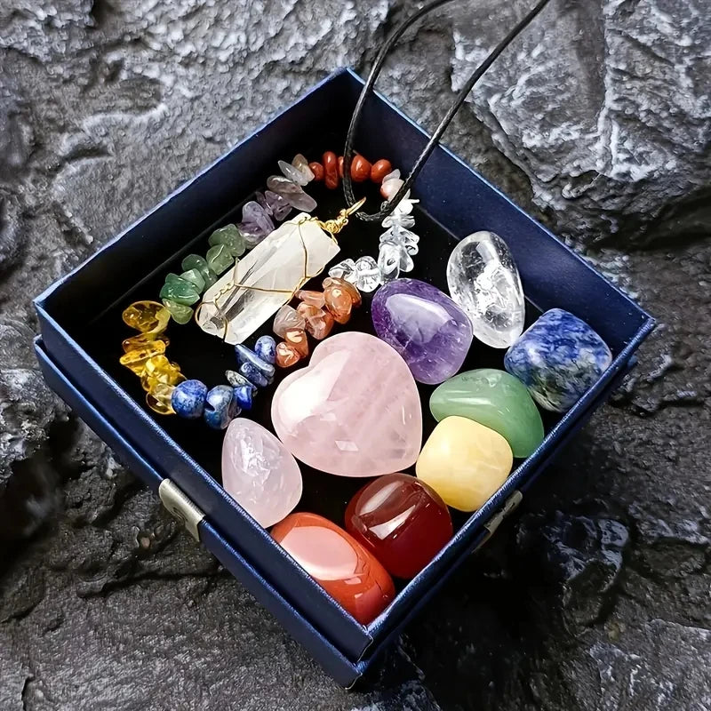 Conjunto  de 11 peças com colar de pedra cristal pulseira com pedras naturais coloridas e 9 pedras naturais