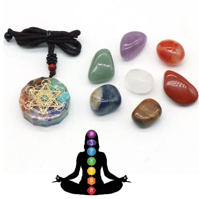 Conjunto equilibrio dos chakras  com colar e pingente de pedra e acompanha 7 pedras naturais