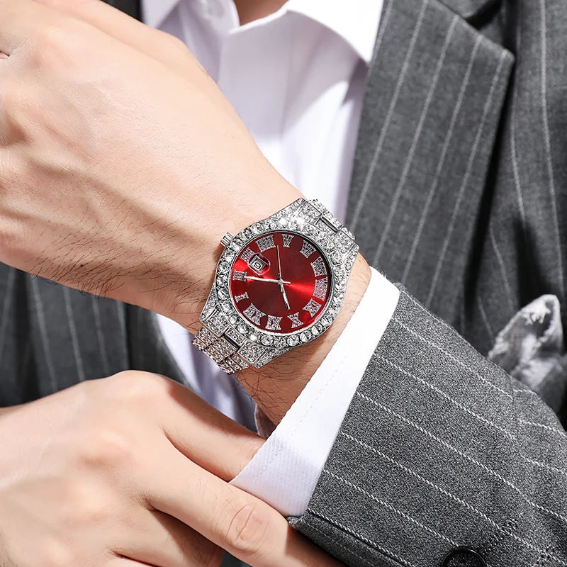 Relógio masculino diamond em quartzo detalhes em pedraria com pulseira em aço