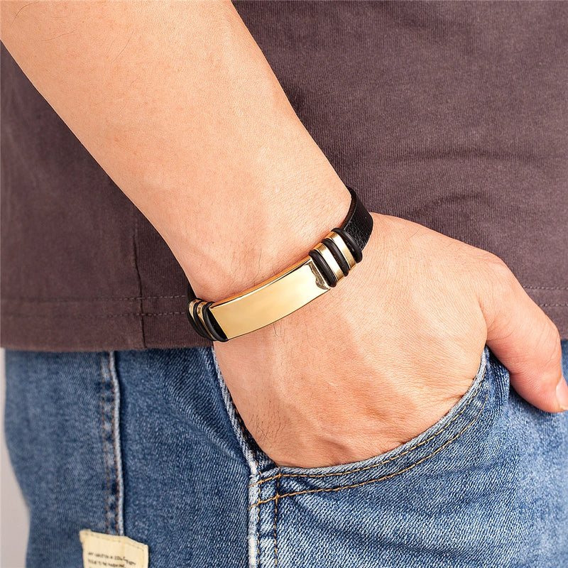 Pulseira masculina vintage em couro com fecho seguro