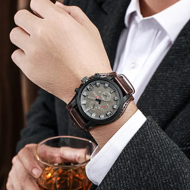 Relógio masculino date em quartzo com pulseira em couro