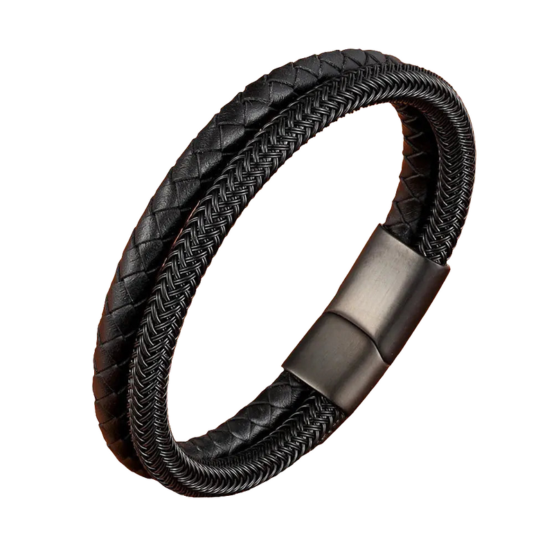 Pulseira masculina leather em couro e aço com fecho magnético